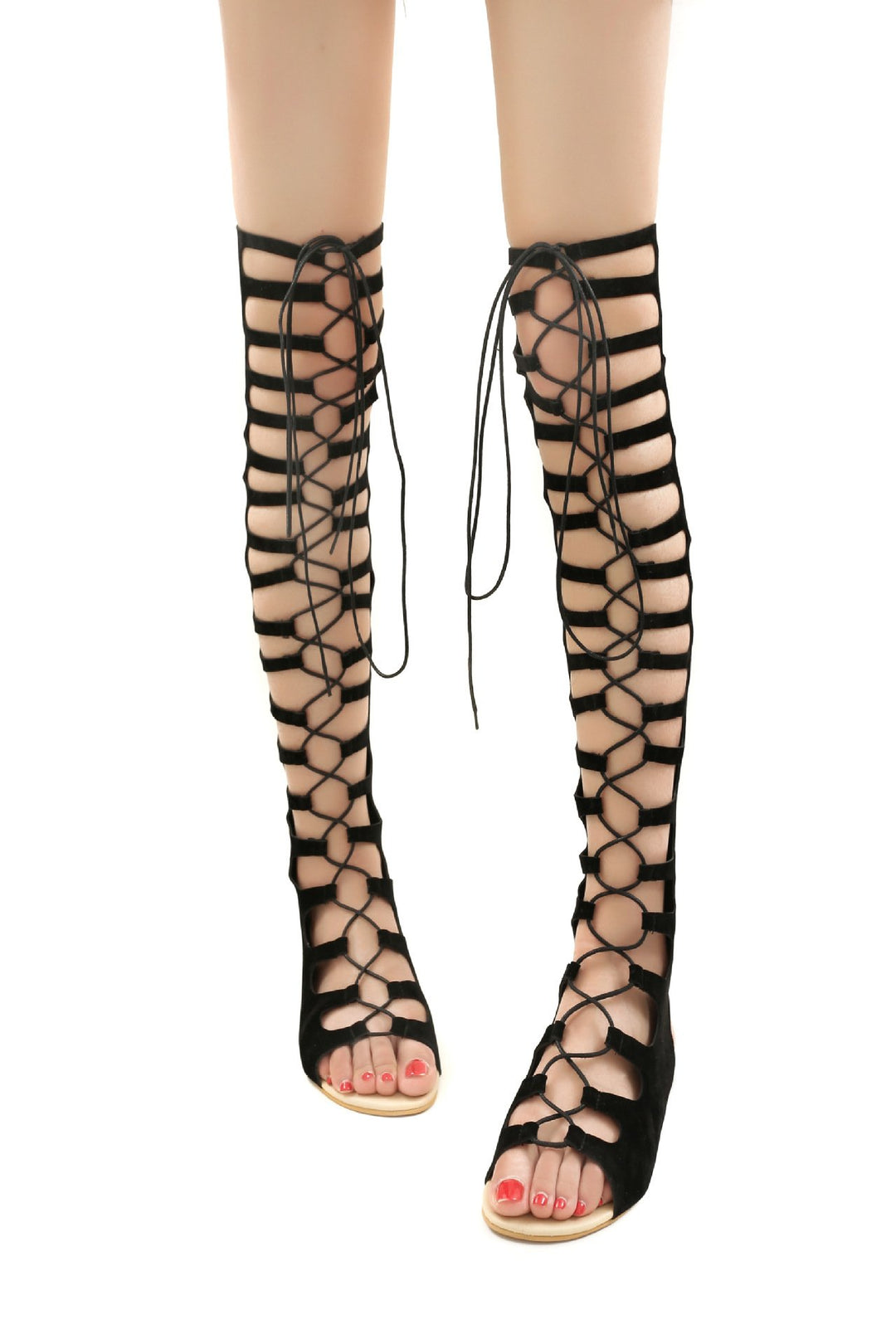 Women's front lace peep toe thigh high sandals