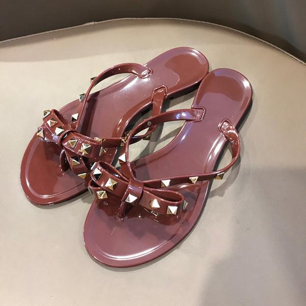 Women's studded bowknot flip flops cute jelly slide sandals