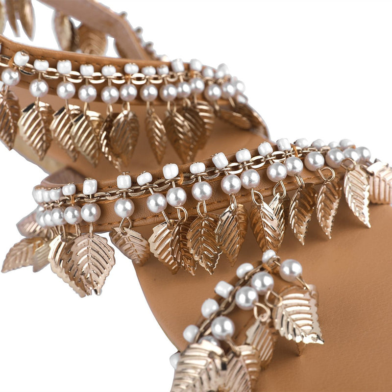 Pearls golden metal leaves boho beach sandals