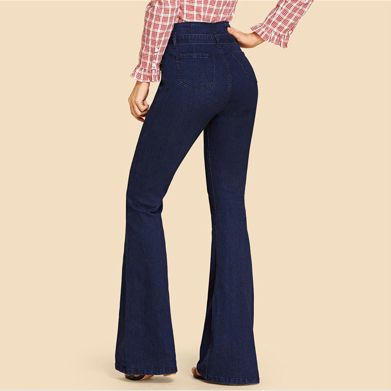 Women's bow belted blue high waisted bell bottom jeans | Knotted tied flare pants