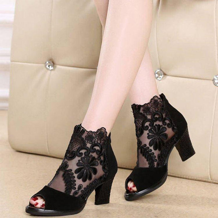 Women's peep toe mesh summer chunky high heel booties with back zipper
