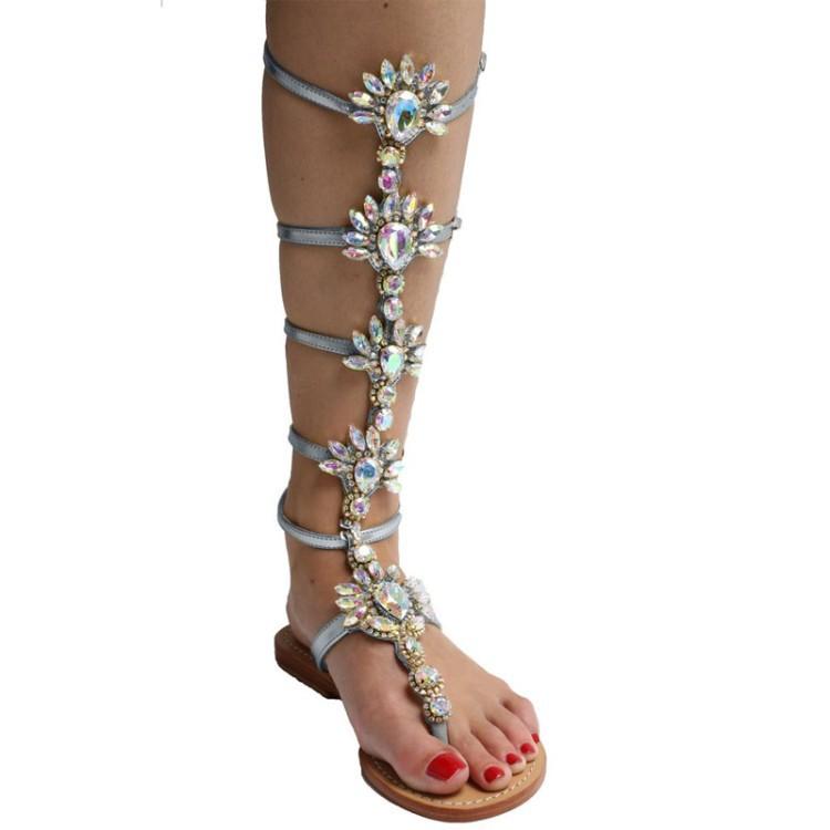 Women's rhinestone crystal knee high gladiator sandals