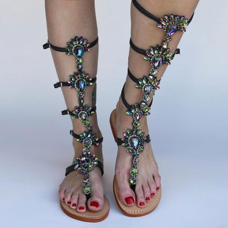 Women's rhinestone crystal knee high gladiator sandals