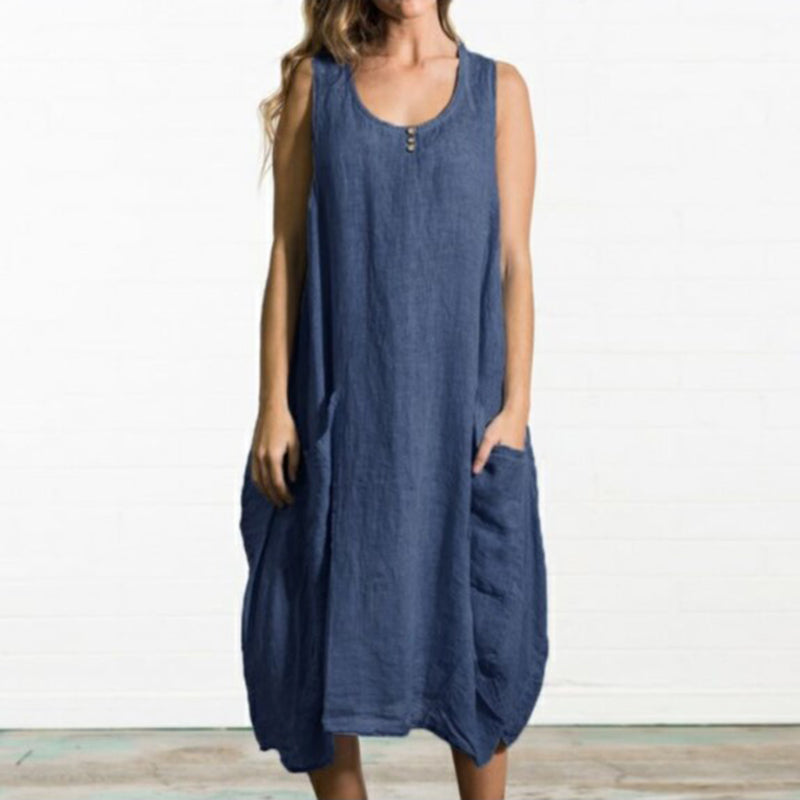 Women Pockets Solid Midi Sleeveless Summer Dress