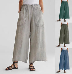 Women's linen palazzo pants wide leg cropped pants summer loose fit pants with pockets