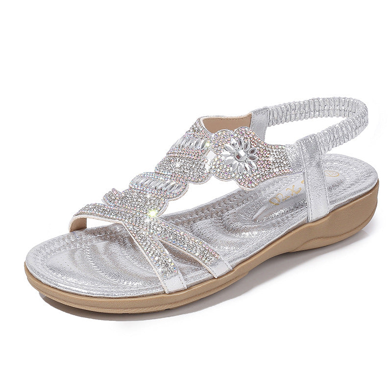 Women's rhinestone glitter gladiator sandals Cute beach sandals elastic beand Open toe boho sandals