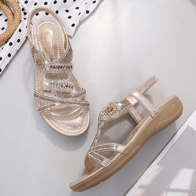 Women's rhinestone glitter gladiator sandals Cute beach sandals elastic beand Open toe boho sandals