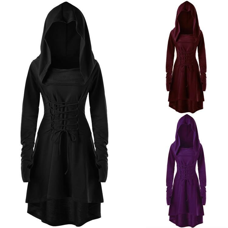 Womens Renaissance Costumes Hooded Robe Lace Up Dress | Vintage Pullover Front tie-up Hoodie Dress
