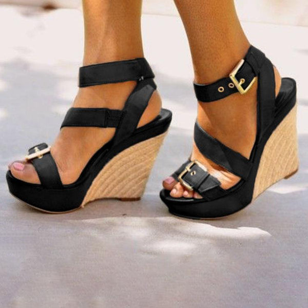 Women peep toe buckle strap high heeled wedge sandals