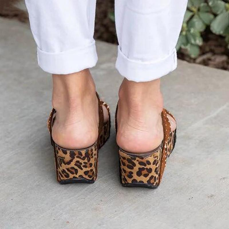 Women leopard peep toe slip on wedge sandals
