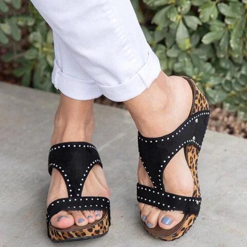 Women leopard peep toe slip on wedge sandals