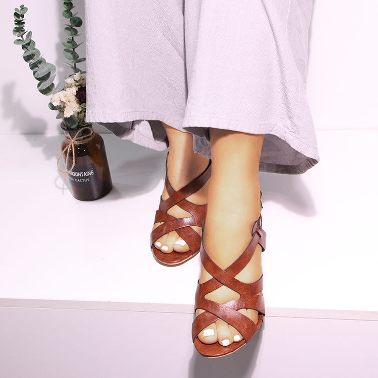 Women's peep toe hollowed strappy block heels sandals rome backstrap galiator sandals