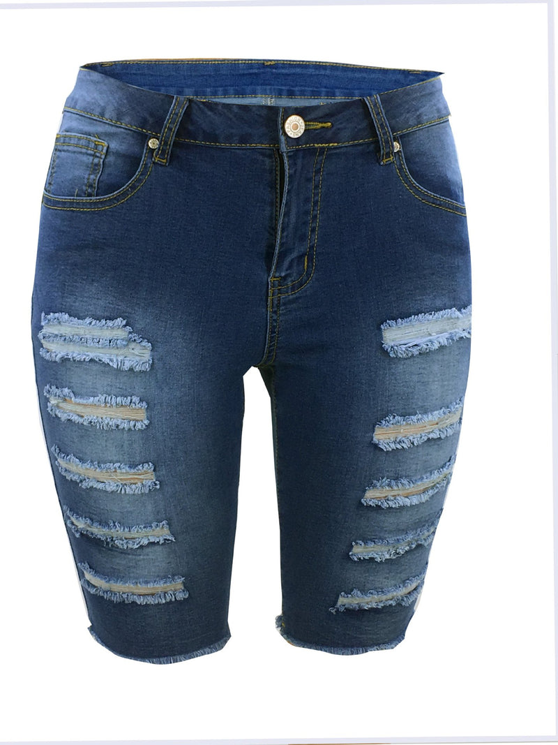 Women's distressed ripped middle jeans