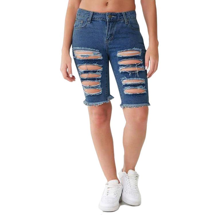 Women's distressed ripped middle jeans