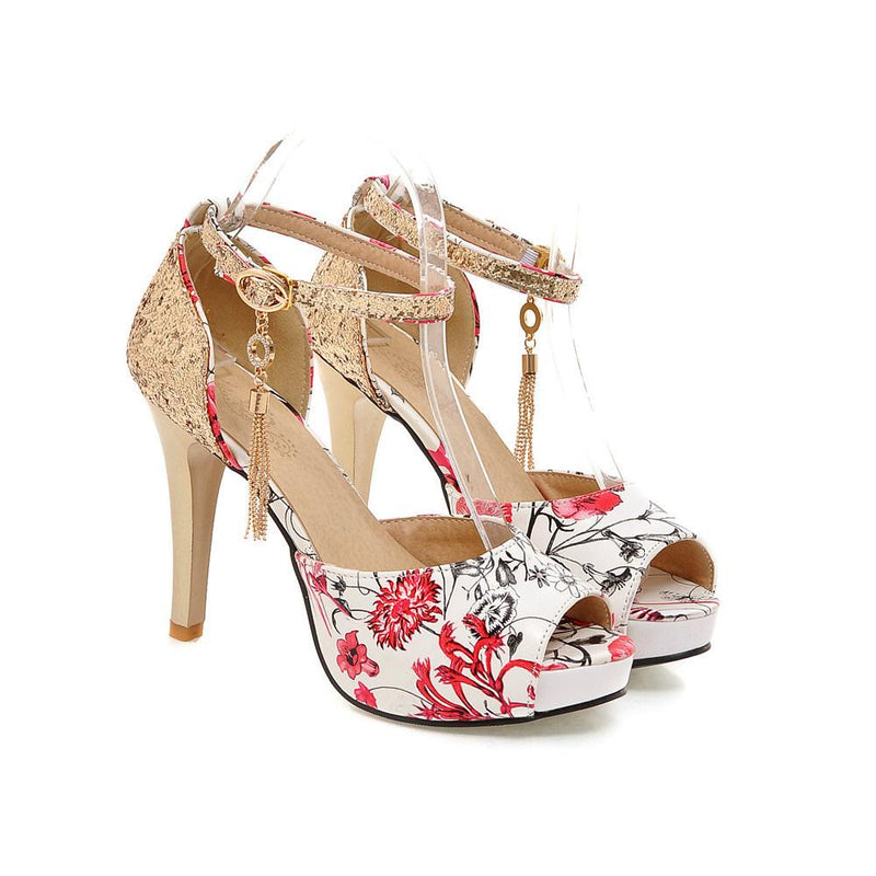 Women's peep toe floral print ankle strap high heels