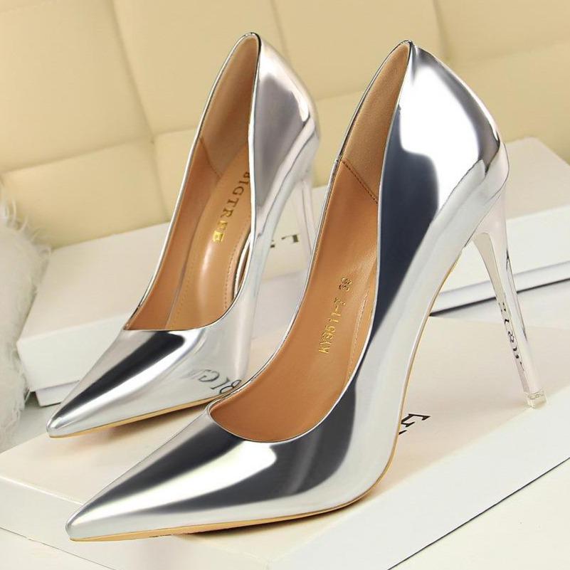 Women's sexy metal mirror high heels pointed closed toe stilettos