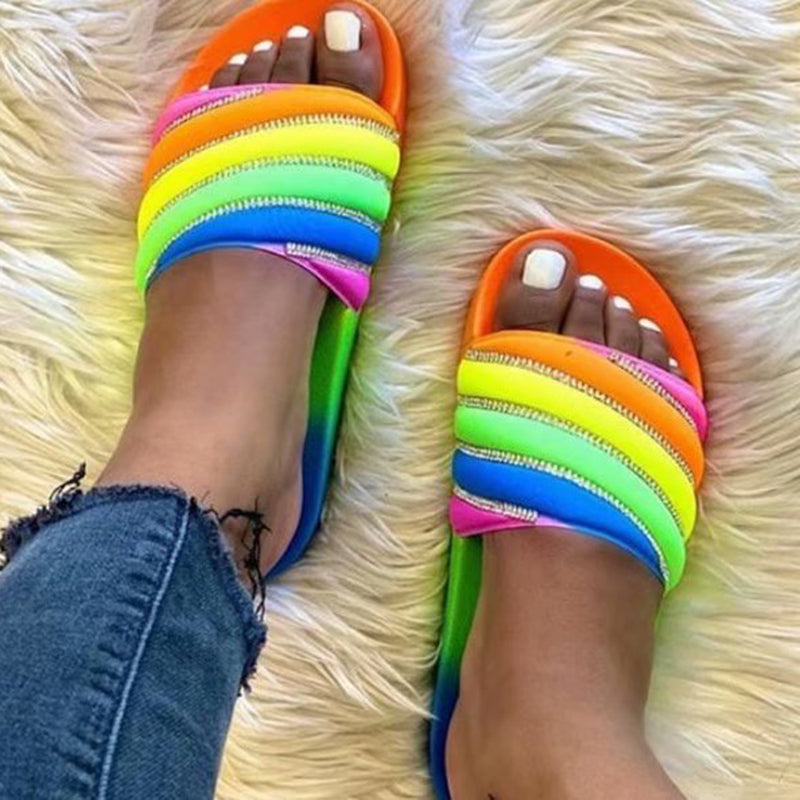 Women Rainbow Rhinestone Wide Slide Sandals