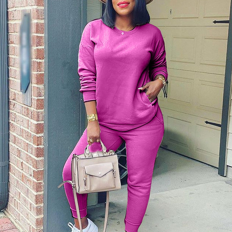 Women's candy color crewneck sweatshirts and long pants 2 pieces tracksuits