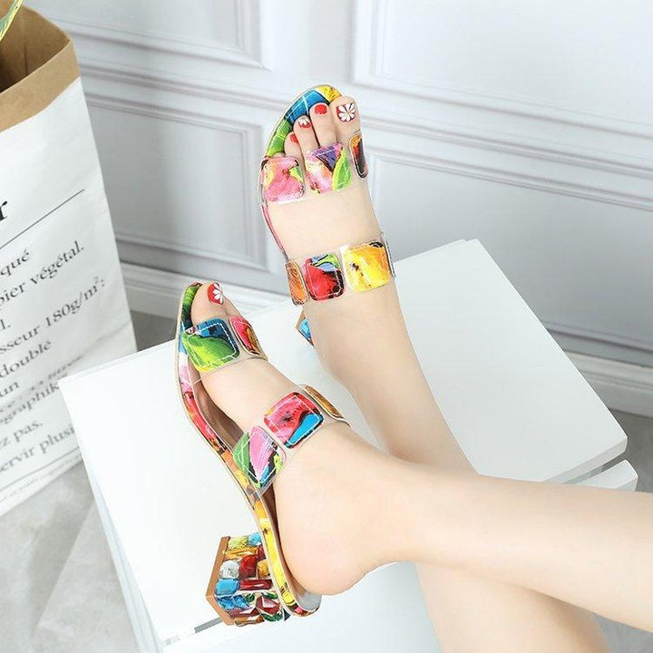 Women's colorful color block chunky peep toe mule sandals