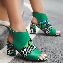 Pop art printed peep toe chunky sandals booties summer party magic tape sandals