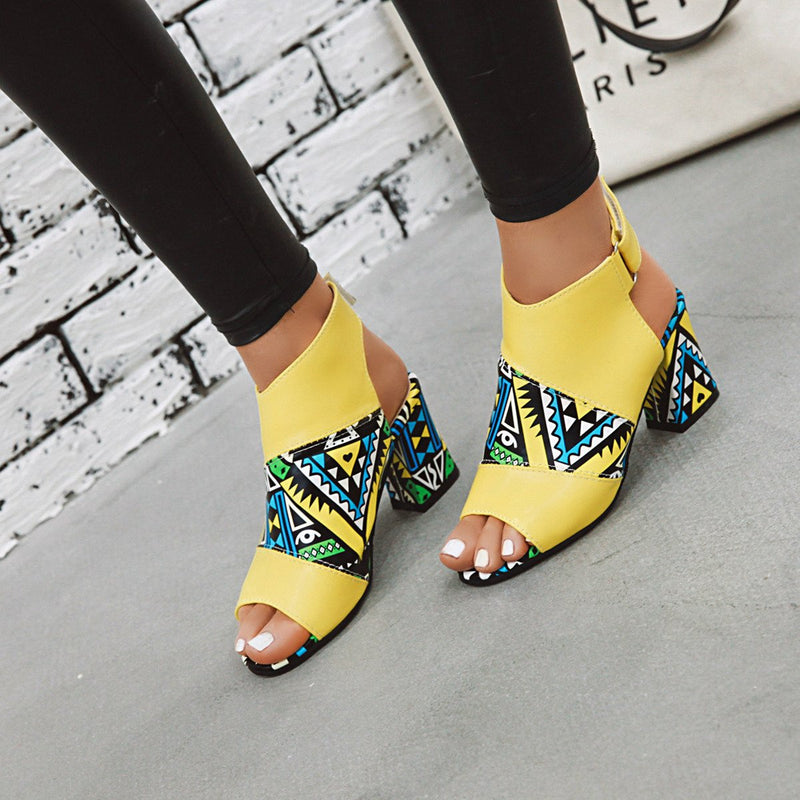 Pop art printed peep toe chunky sandals booties summer party magic tape sandals