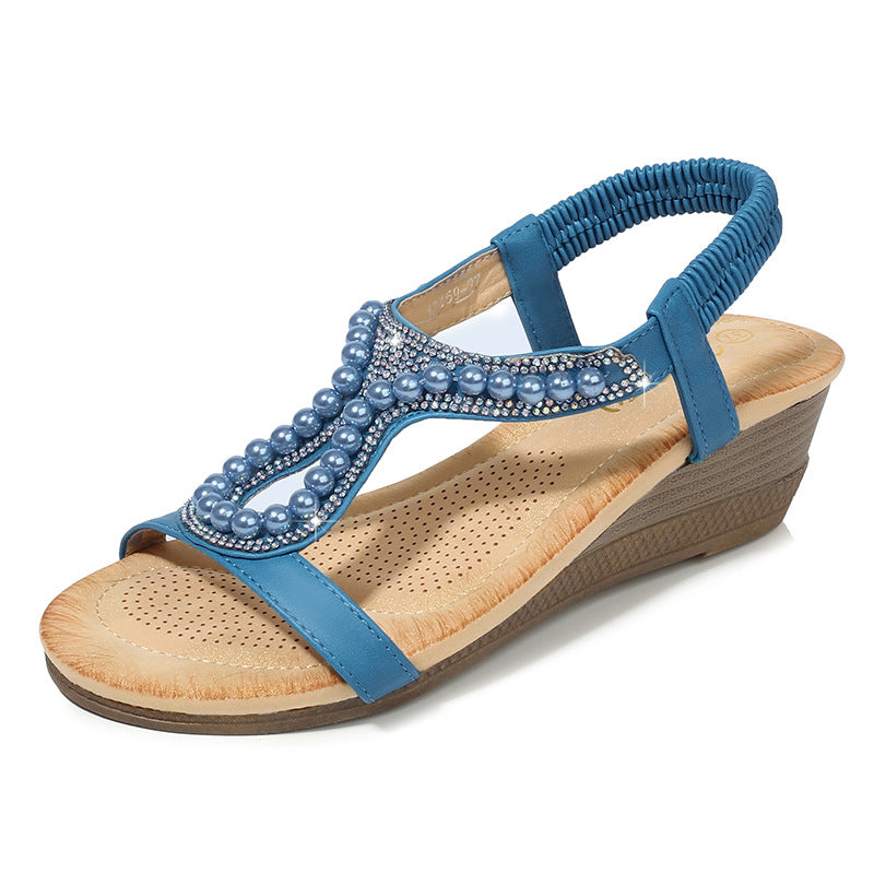 Bohemia pearls wedge sandals Open toe cute beach sandals elastic sandals