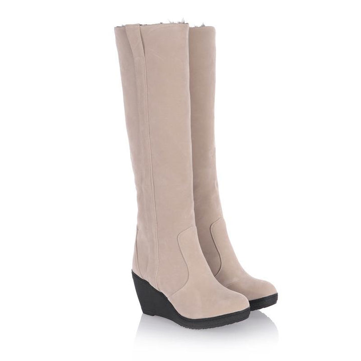 Women warm faux fur lining knee high wedge snow boots