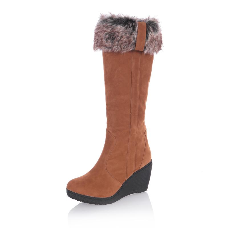 Women warm faux fur lining knee high wedge snow boots