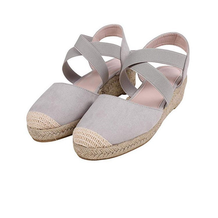 Lady's side cutout criss cross wrapped espadrille wedge sandals closed toe wedges