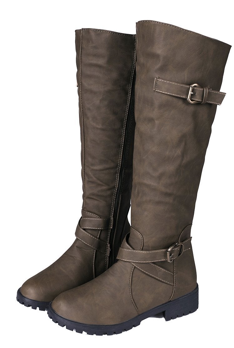 Women's buckle strap knee high motrocycle boots | Side zip knight biker boots
