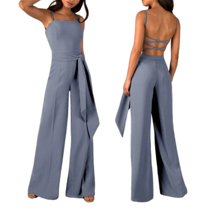 Women's spaghetti strap backless clubwear jumpsuits summer sexy wide leg trousers jumpsuits with belt