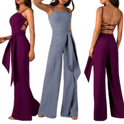 Women's spaghetti strap backless clubwear jumpsuits summer sexy wide leg trousers jumpsuits with belt