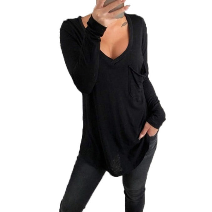 Women's sexy v neck loose fit long sleeves pockets shirts tunic pullover tops