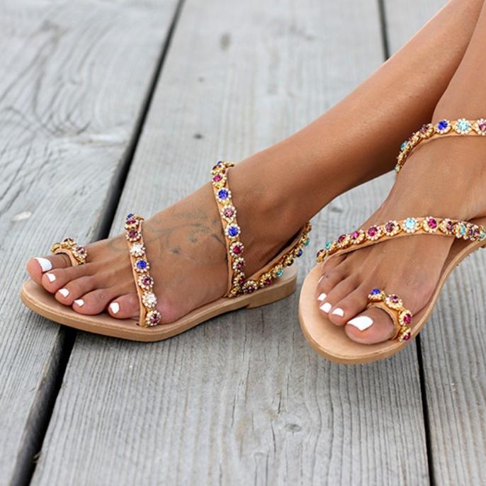 Women's flat rhinestone toe ring sandals boho summer beach sandals