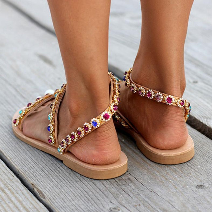 Women's flat rhinestone toe ring sandals boho summer beach sandals