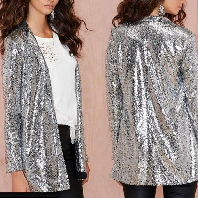 Women gold silver sequins lapel mid-long blazer coat party nightclub glitter outerwear
