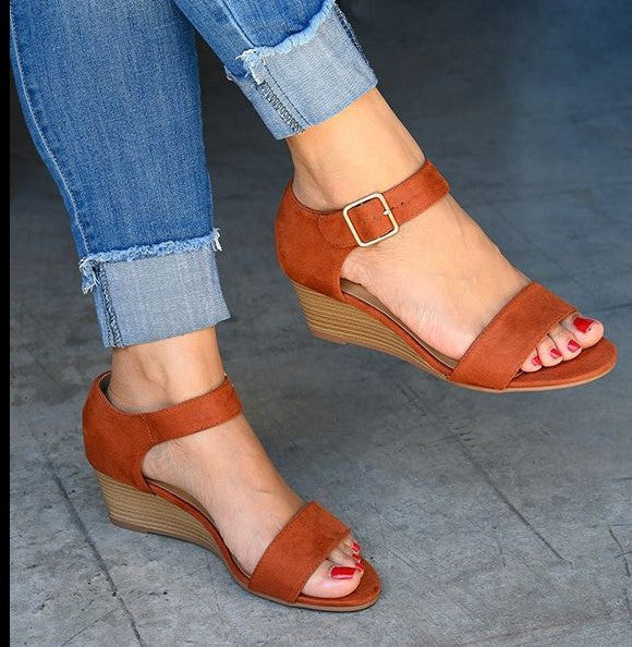 Women's peep toe ankle buckle strap wedge heels sandals