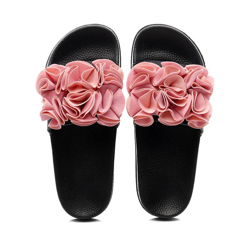 Women's flower decor slides peep toe flat sandals
