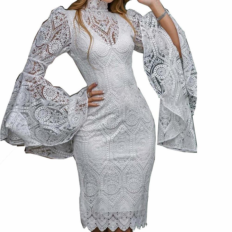 White lace embroidery flared sleeve bodycon dress | Banquet party formal evening dress