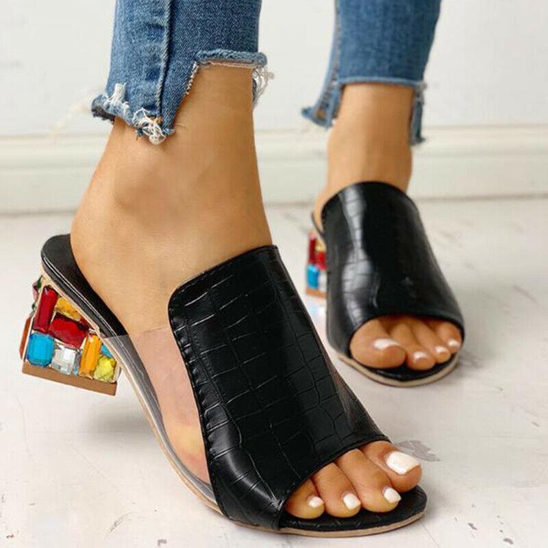 Women's peep toe clear mules sandals chunky heel arch support slide sandals