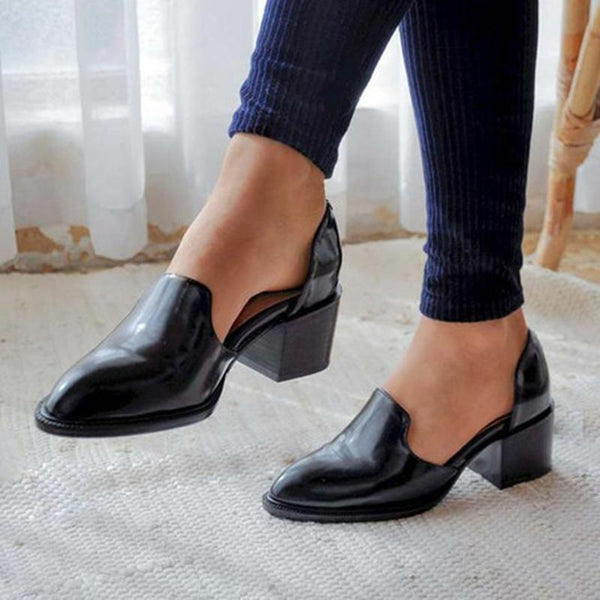 England Style Women Pointed Toe Chunky Hollow Ankle Boots - fashionshoeshouse