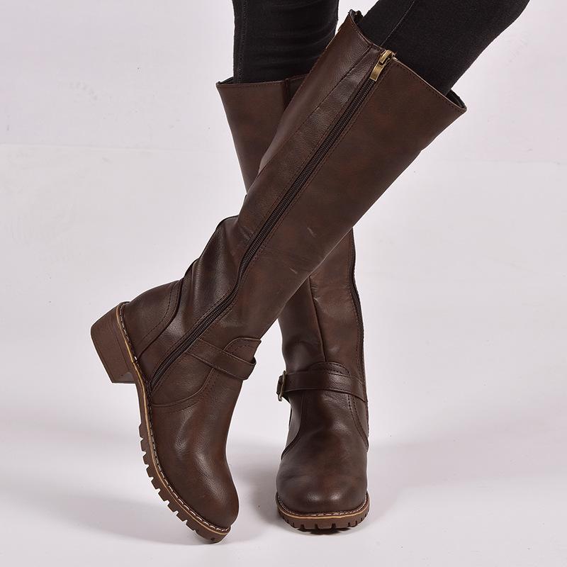 Women retro low heel knee high knight riding boots