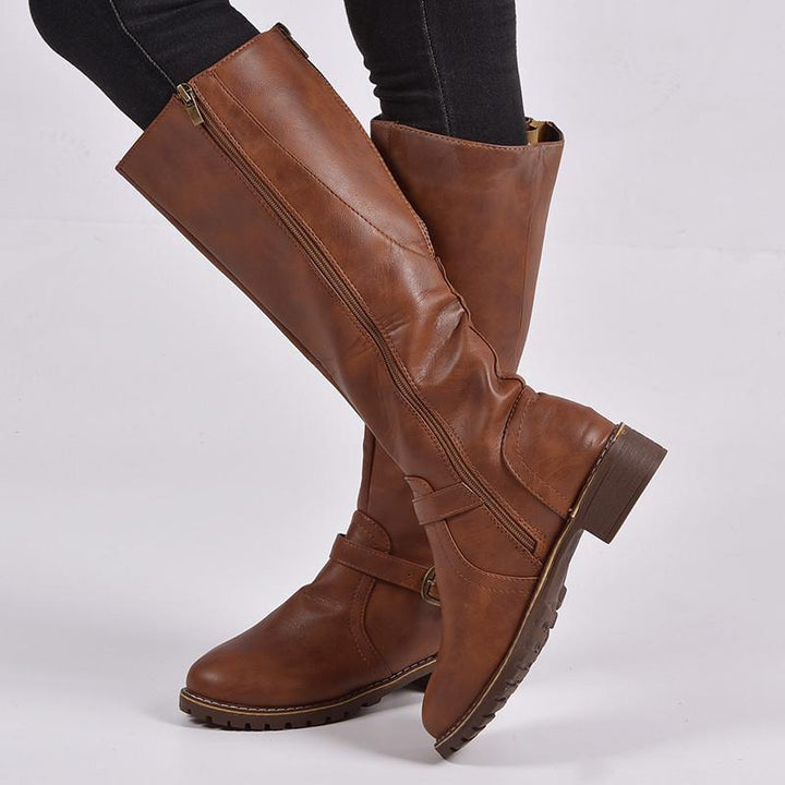 Women retro low heel knee high knight riding boots