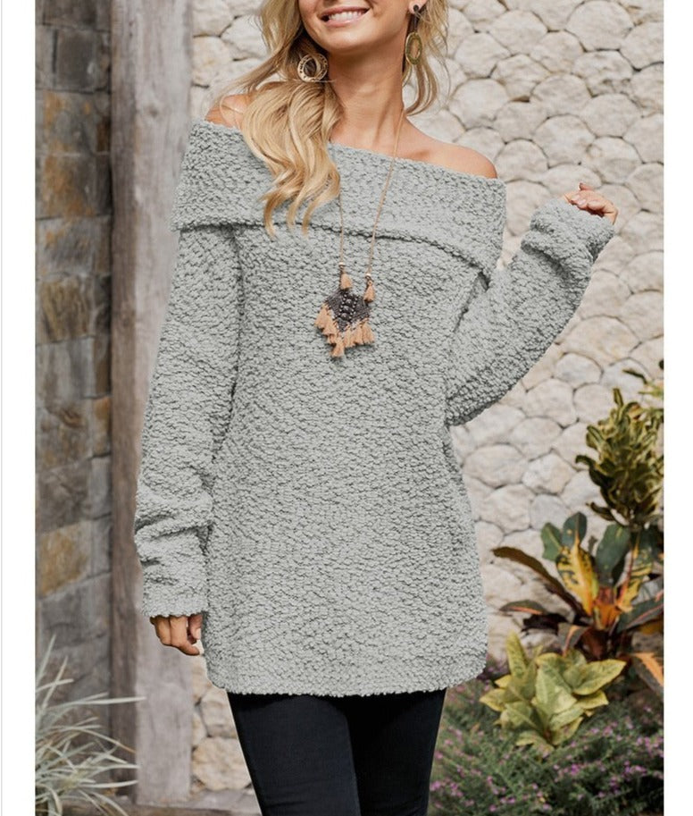 Women Pure Color Knitted Off The Shoulder Sweater - fashionshoeshouse