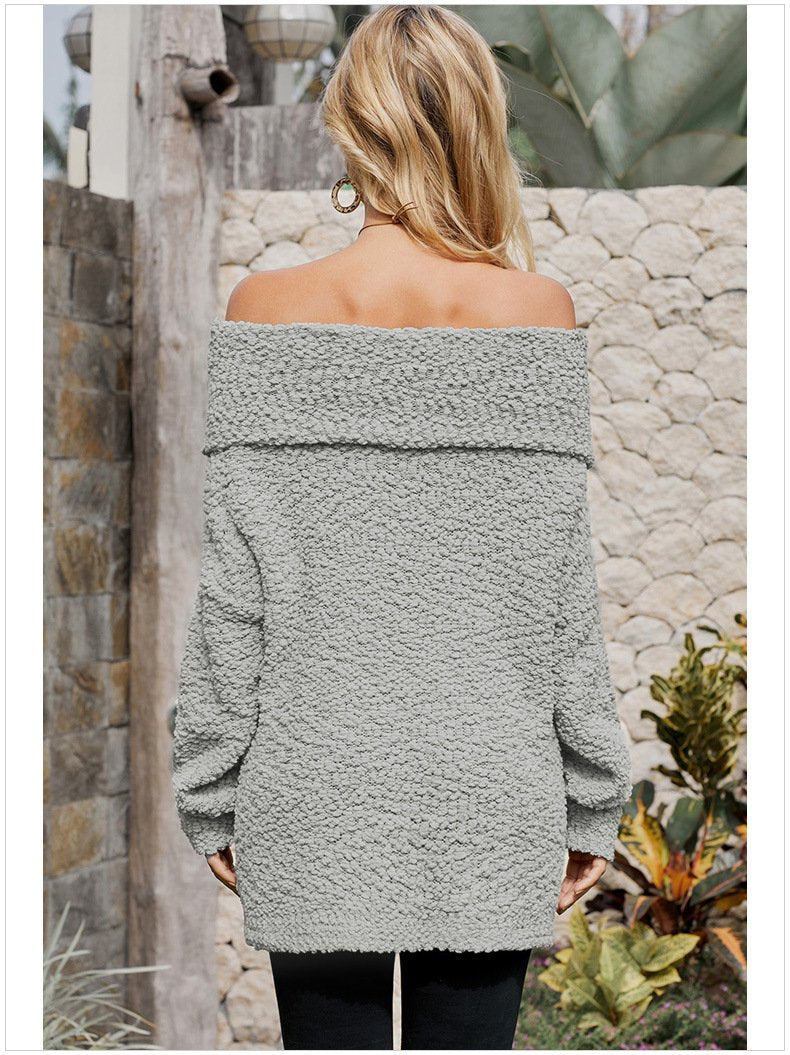 Women Pure Color Knitted Off The Shoulder Sweater - fashionshoeshouse