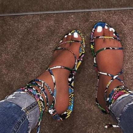 Women Snakeskin Lace Up Strappy Sandals