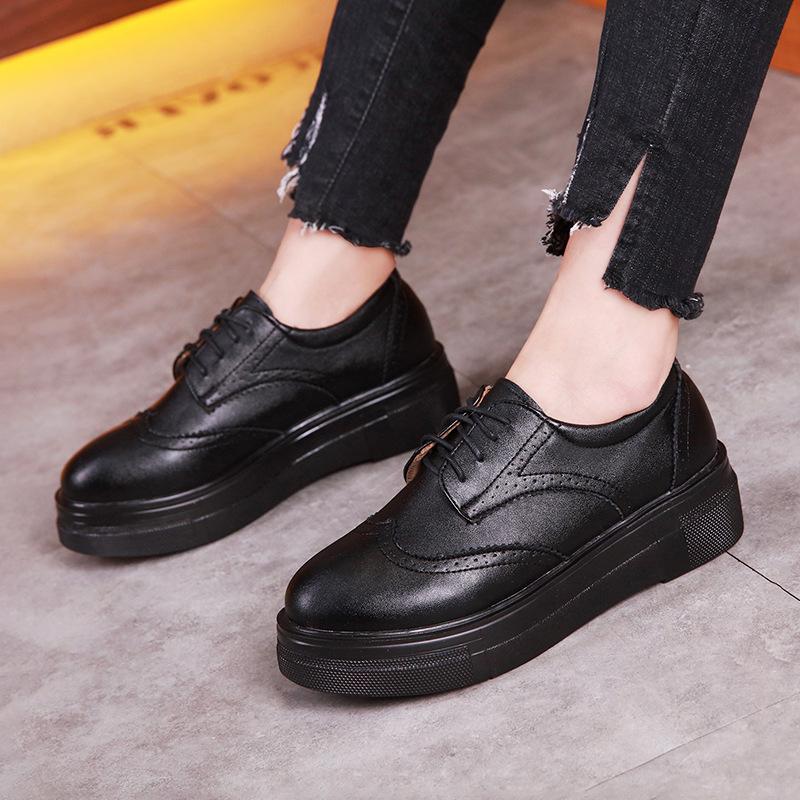 Women's classic lace-up thick platform brogue oxfords shoes PU patent leather dress shoes