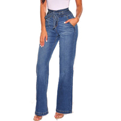 Women's bow tie decorated flare jeans wide leg flare bottom jeans