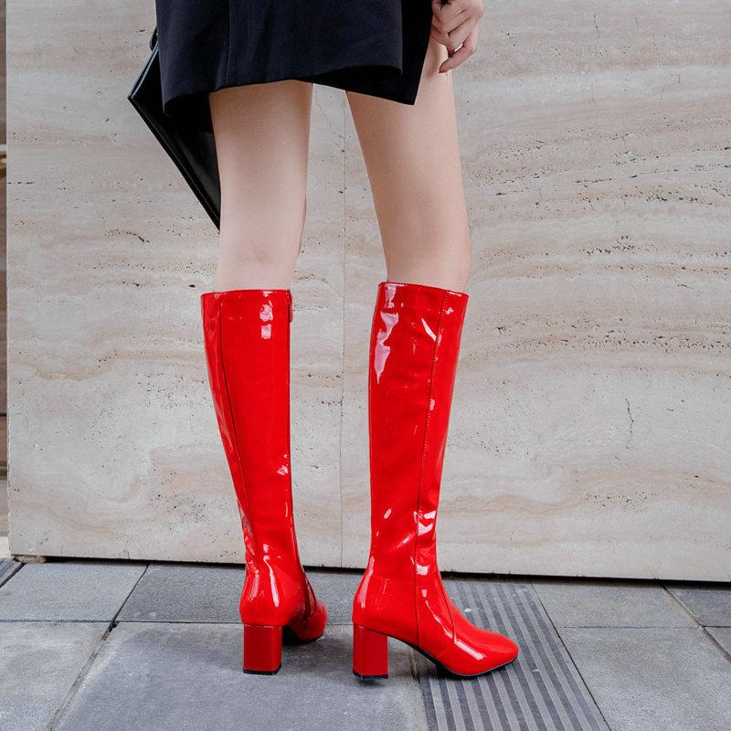 PU patent leather chunky heel knee high boots for party nightclub