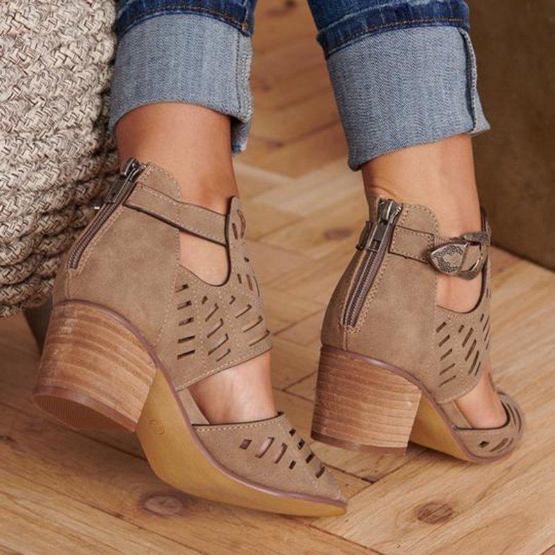 Medium Height Suede Hollow Adjustable Buckle Peep Toe Sandals - fashionshoeshouse